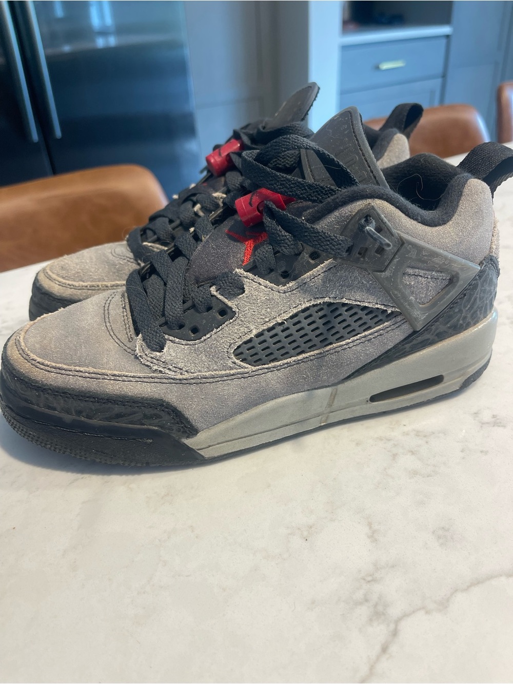 Air Jordan 4-Style Suede Sneakers in Grey with Black & Red Accents